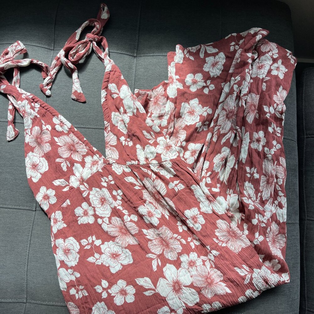 Mauve Red Brown White Floral Midi Tie Strap Abercrombie Dress - Picture 4 of 6